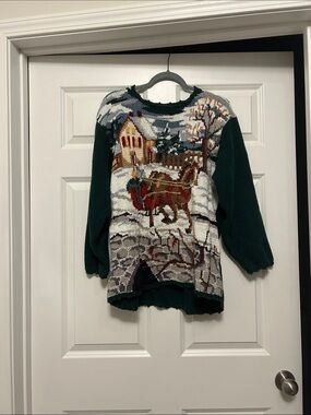 Vintage Winter Scene Pullover Sweater - Green with Multi-Color Knit